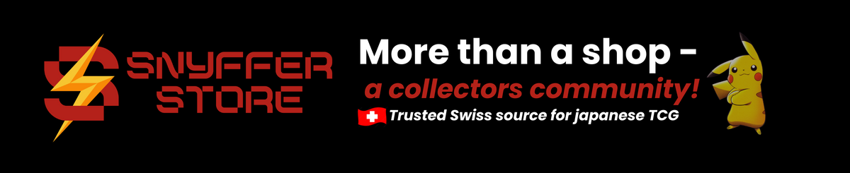 A promotional banner for 'Snyffer Store' featuring a red and black logo, white and red text reading 'More than a shop - a collectors community!', a red YouTube checkmark, and a cartoon Pikachu on a solid black background.